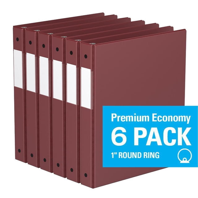 Davis Group Premium Economy Round Ring Binder 6 Pack, 1 inch, featuring six maroon binders with full width label holders on the spine and black round ring holes, made in Canada from PVC-free polypropylene with recycled content, suitable for office and school document organization.