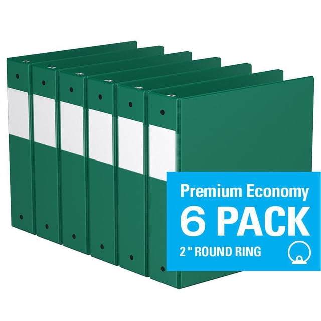 Davis Group Premium Economy Round Ring Binder 6 Pack 2 inch showing six green binders with clear full-width label holders on the spine and 2 inch round rings, each with a 400-sheet capacity, arranged in a row on a white background, ideal for office and school organization.