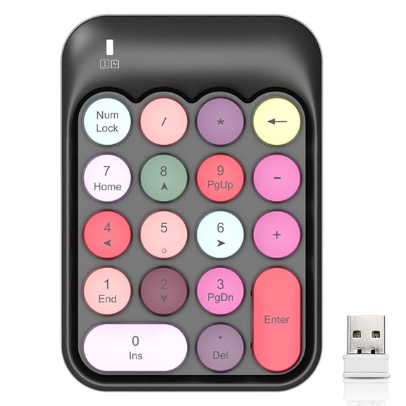 Wweixi Wireless Numeric Keyboard 18 Keys Mini Round Keycap 2.4GHz Keypad with Receiver Desk Key Board Supplies for PC Computer Colorful Black