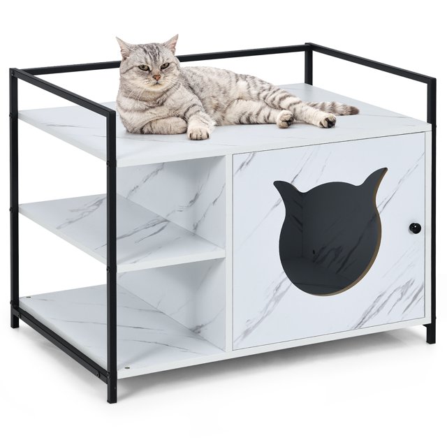 Costway Cat Litter Box Enclosure Hidden Litter Furniture Cabinet W/ 2-Tier Storage Shelf