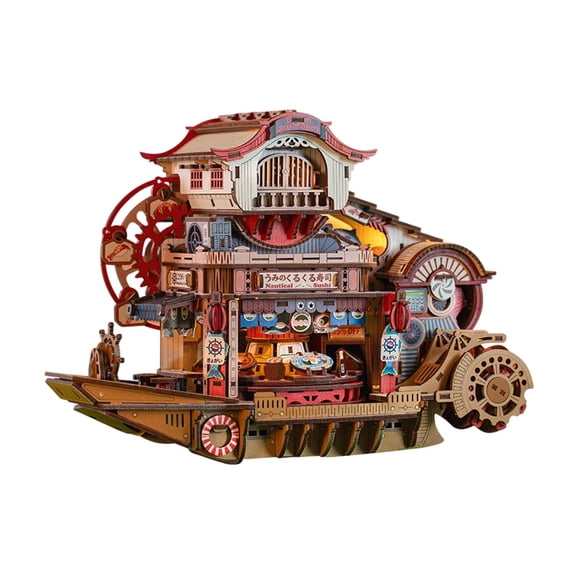 arctrm DIY Miniature Dollhouse Kit Handmade Tiny House Toys, Japanese Mini Nautical Sushi Boat Building Kit for Boy Girls Kids Teens