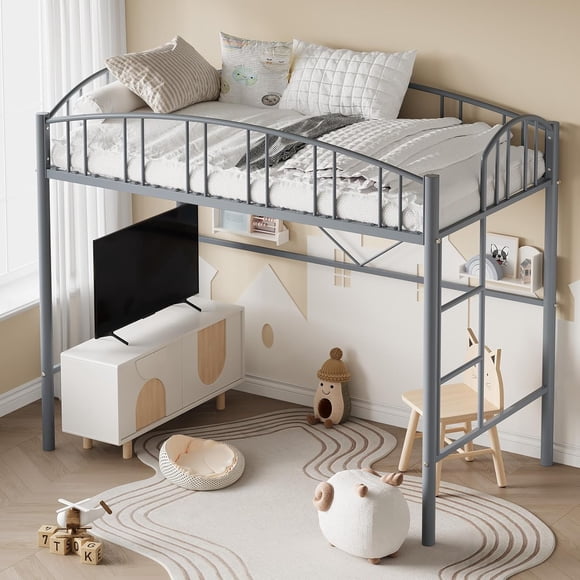 Lit Mezzanine avec Échelle et Garde-Corps Arqué - Sécurité Accrue avec Garde-Corps de 15 Pouces et Supports Anti-Basculement, Lattes en Acier Robustes Pouvant Supporter jusqu'à 350 Lb, Durable et Sécuritaire pour Enfants et Adultes