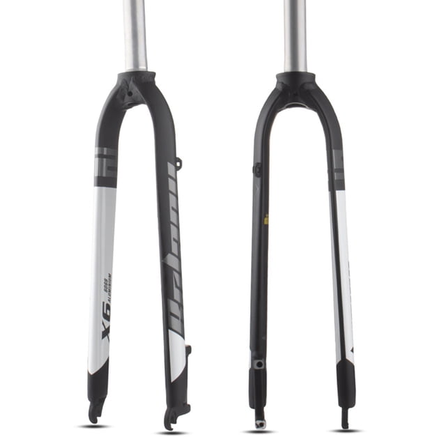 Mountain Bike Rigid Fork Aluminum Alloy Disc Brake Bicycle Fork, model X6, displayed in front and side views. Constructed from AL6069 aluminum alloy, it features a straight tube design with a 28.6mm diameter and 220mm length. Compatible with 26, 27.5, and 29-inch mountain bikes, it includes A-pillar direct mount disc brake compatibility, a quick-release mechanism with a 100x9mm open file, and is lightweight at 800g. Ideal for bike components and sports accessories, it has a sleek black and white finish.