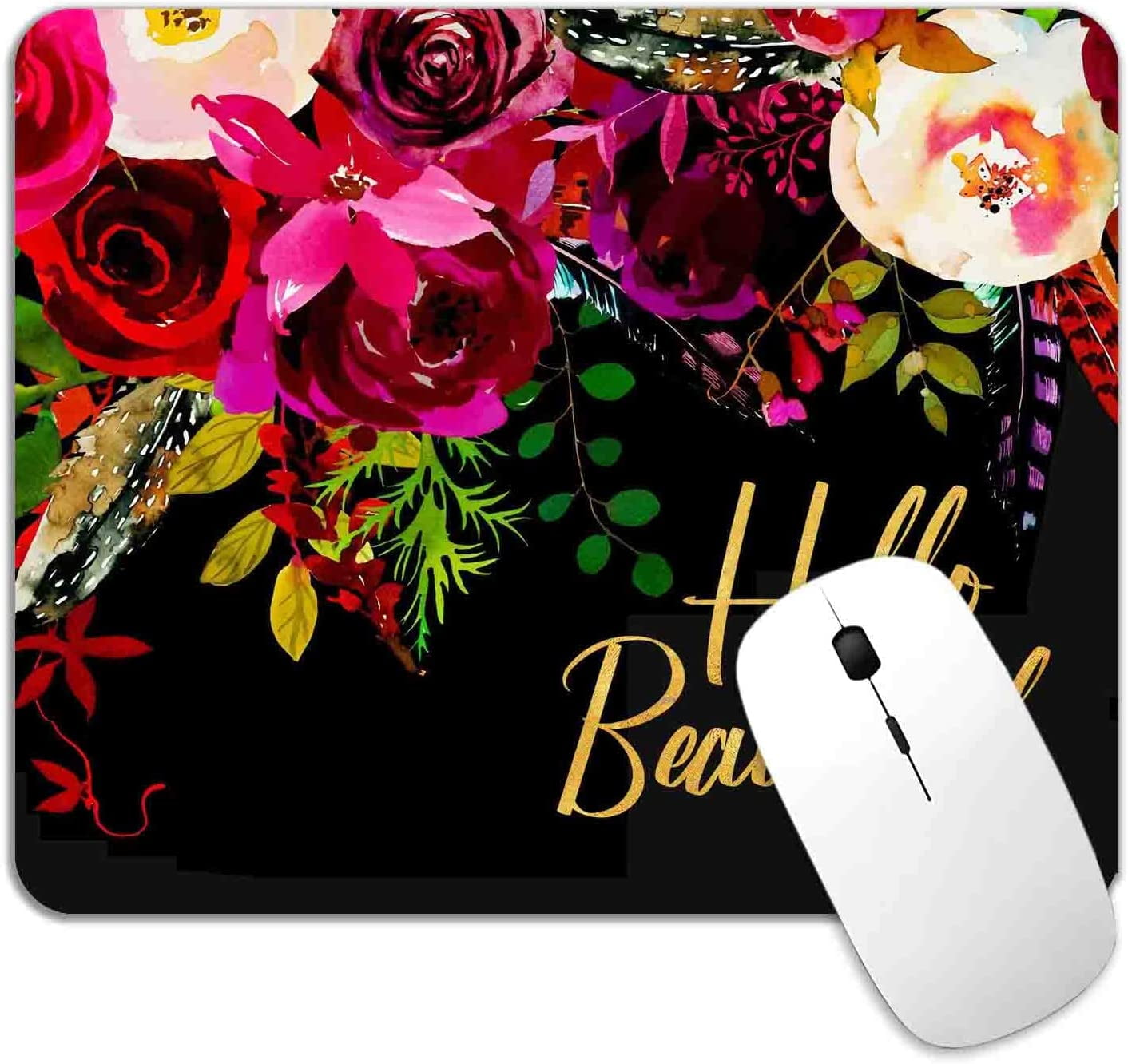 Inspirational Quote Floral Mouse Pad, Roses Floral Mouse Pad for Computer, Red Flowers Mouse Mat, Desk Accessories Womens Mousepad Office Gifts, 9.5x7.9 inch