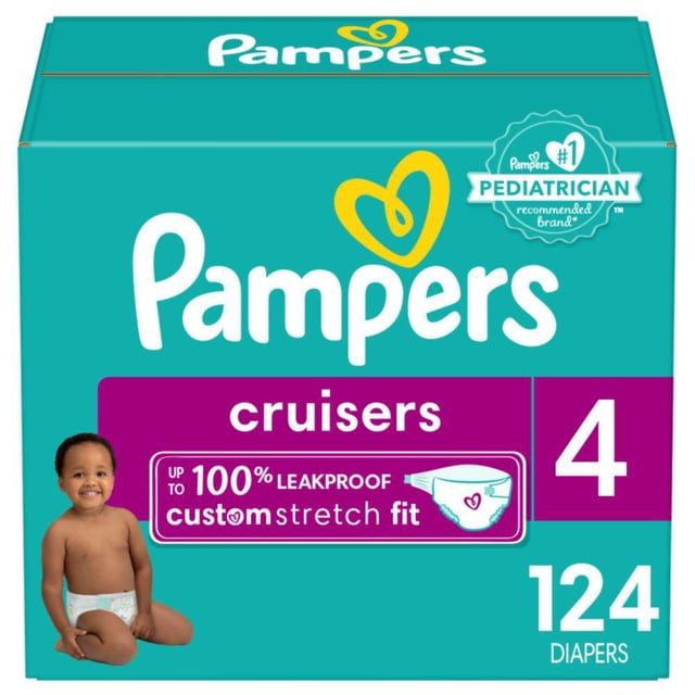 Pampers Cruisers diapers size 4 box containing 124 disposable diapers with custom stretch fit and up to 100% leakproof protection, featuring teal packaging with purple accents and Pampers logo.