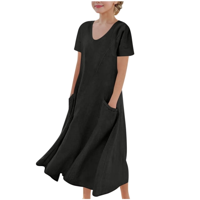 Tranfacy Robe d'Été pour Filles, Robe Maxi pour Jeunes Filles, Robe à Manches Courtes pour Fille, Robe de Princesse à la Mode et Mignonne, Robe Respirante Douce et Confortable
