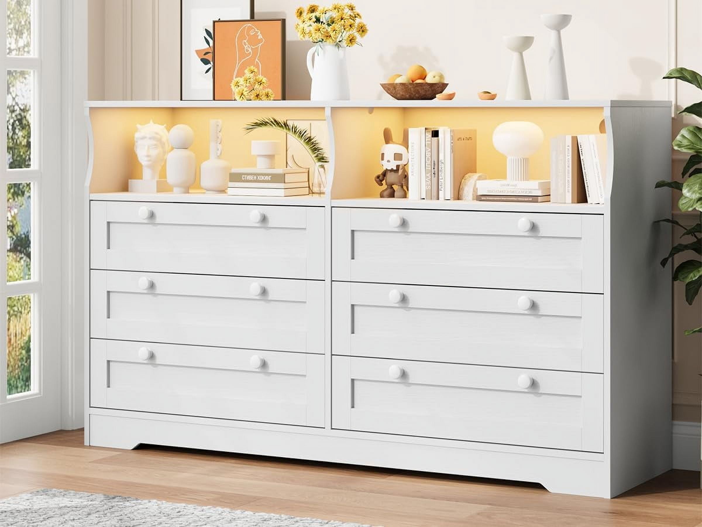 2025 New Dresser Chests of Drawers, Wooden 6 Drawer Dresser for Bedroom with Led Light, 55" Wide Wood Dresser with Large Capacity Storage, Storage Dressers Organizer for Closet, Living Room