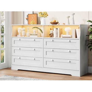 2025 Nouvelle commode de tiroirs, en bois 6 Dressing pour chambre avec lumière LED, 55" Dressing en bois large avec rangement de grande capacité, Dressers de rangement Organisateur pour placard, Salon
