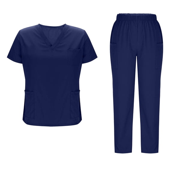 Nfurl Womens Scrubs Sets with 5 Pockets Workwear Nursing Uniform Scrubs Set 2 Piece Short Sleeve V Neck Nurse Uniform Tops and Pants Navy M
