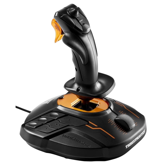 Thrustmaster T16000M FCS joystick for Windows PC with a black ergonomic handle featuring textured grips and multiple action buttons, mounted on a black base with orange accents, including a throttle dial and the Thrustmaster logo, suitable for precise PC gaming and flight simulation control.