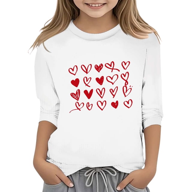 PMVFHDE Combinaisons Filles Hauts T-Shirt Fille T-Shirts Filles T-Shirts pour Fille T-Shirts Graphiques T-Shirts pour Fille Graphique T-Shirts de la Saint-Valentin pour Filles Imprimé Col Rond Fonctionnel Manches 3/4 T Blanc, 3-4 Ans