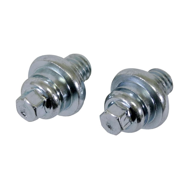 Schumacher Electric Side Terminal Bolt set with two silver metal bolts featuring hexagonal heads and integrated washers, suitable for dual cable installation and fitting positive and negative battery cable terminals in automotive battery accessories.