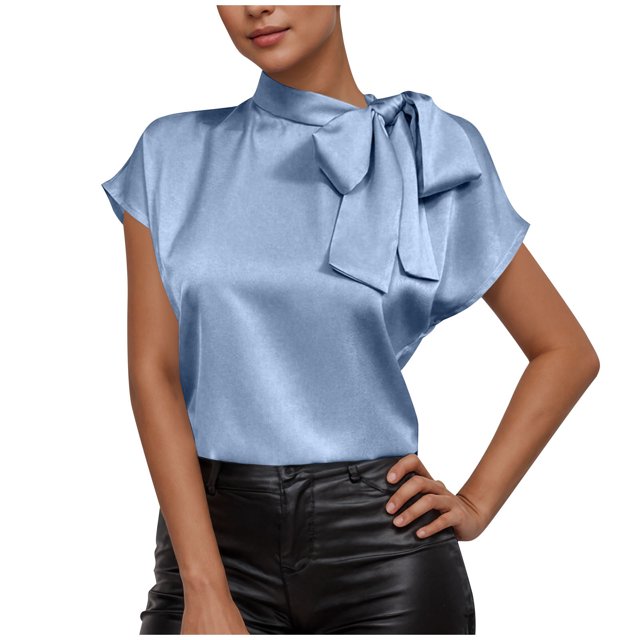Pisexur Hauts pour Femmes Blouses pour Femmes Mode Décontractée Chic Été Couleur Unie Col Rond Manches Courtes Chemises Haut Blouse, Hauts pour Femmes Tendance Bleu,G