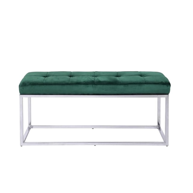 Heavenly Collection Green Velvet Bench with Metal Base, a modern upholstered accent bench with tufted green velvet seat and polished stainless steel frame, measuring 17 inches high, 39 inches wide, and 12 inches deep, suitable for entryway or bedroom seating and often used as a stylish dressing bench.