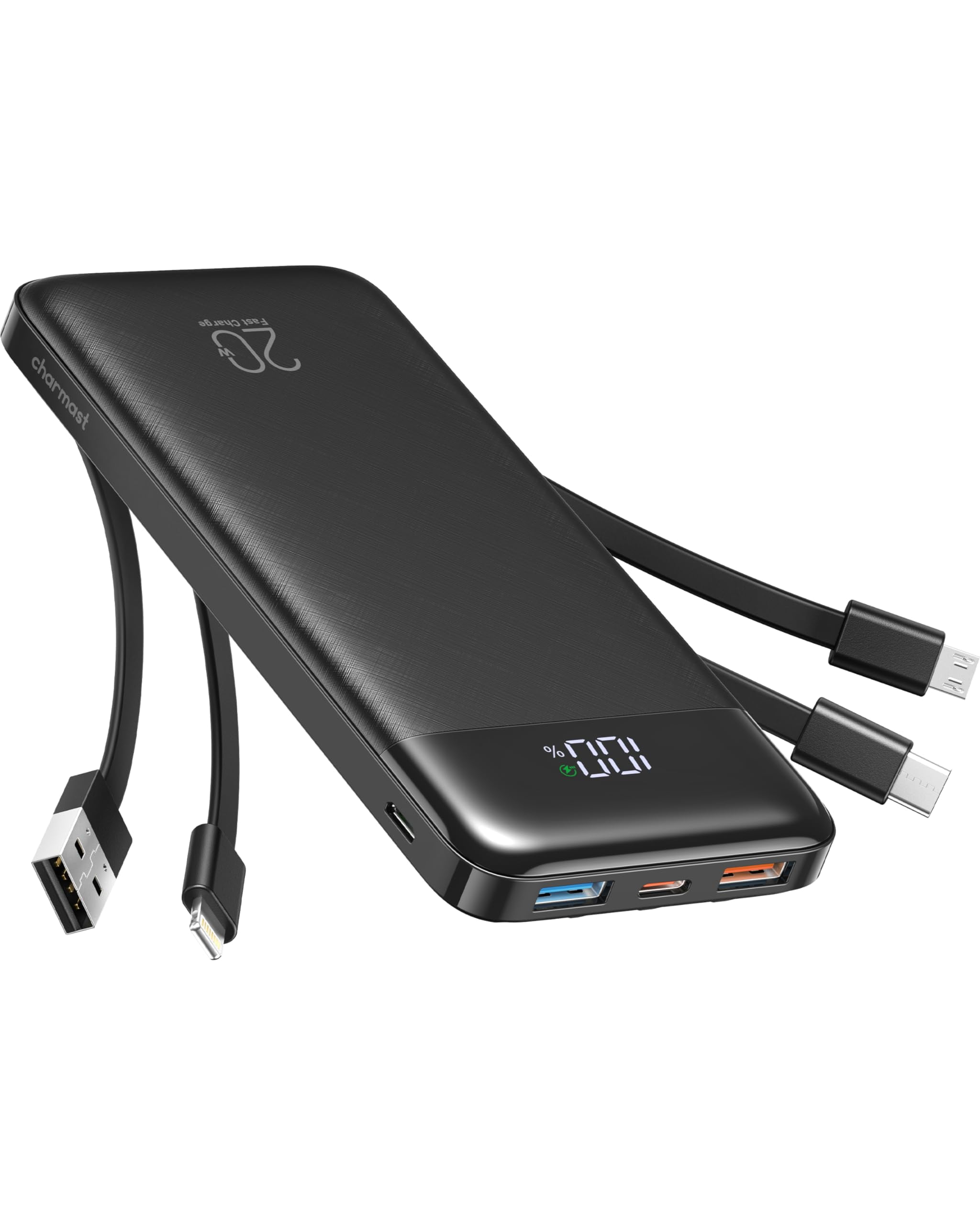 Charmast Power Bank 20000mAh, 20W Fast Charging Portable Charger with Built-in Cables, USB C Battery Pack, Slim Portable Phone Charger Backup Battery for iPhone, Samsung