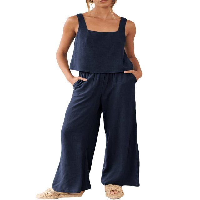Women‘s 2 Piece Outfits Square Neck Cotton Tank Crop Top Wide Leg Pants Matching Lounge Set Tracksuit Pockets
