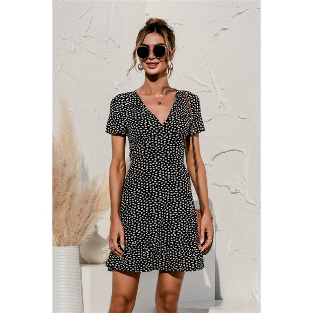 New Women's Print Floral Dress Dot Color Sexy V-Neck Patchwork Ruffles Beach Style Office Lady New Mini Vestido