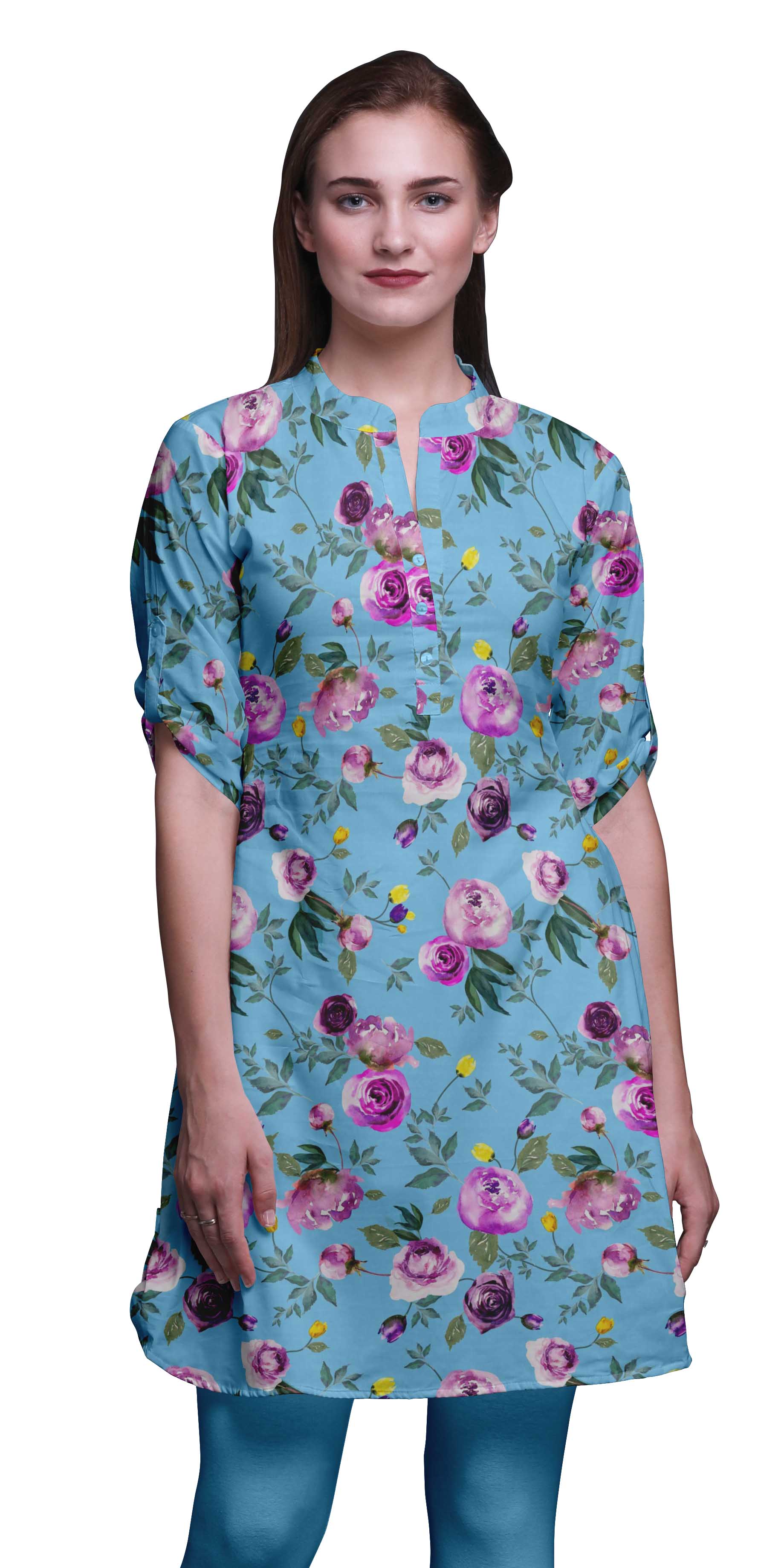 Bimba Roll Up Sleeve Kurti For Women Printed Mandarin Collar Short Kurti Tops