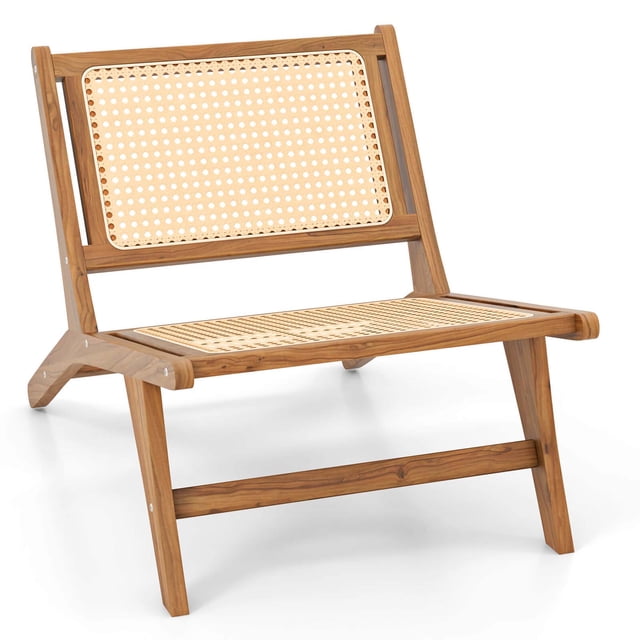 Costway Mid Century Modern Teak Wooden Chair with Handwoven Rattan Seat & Backrest