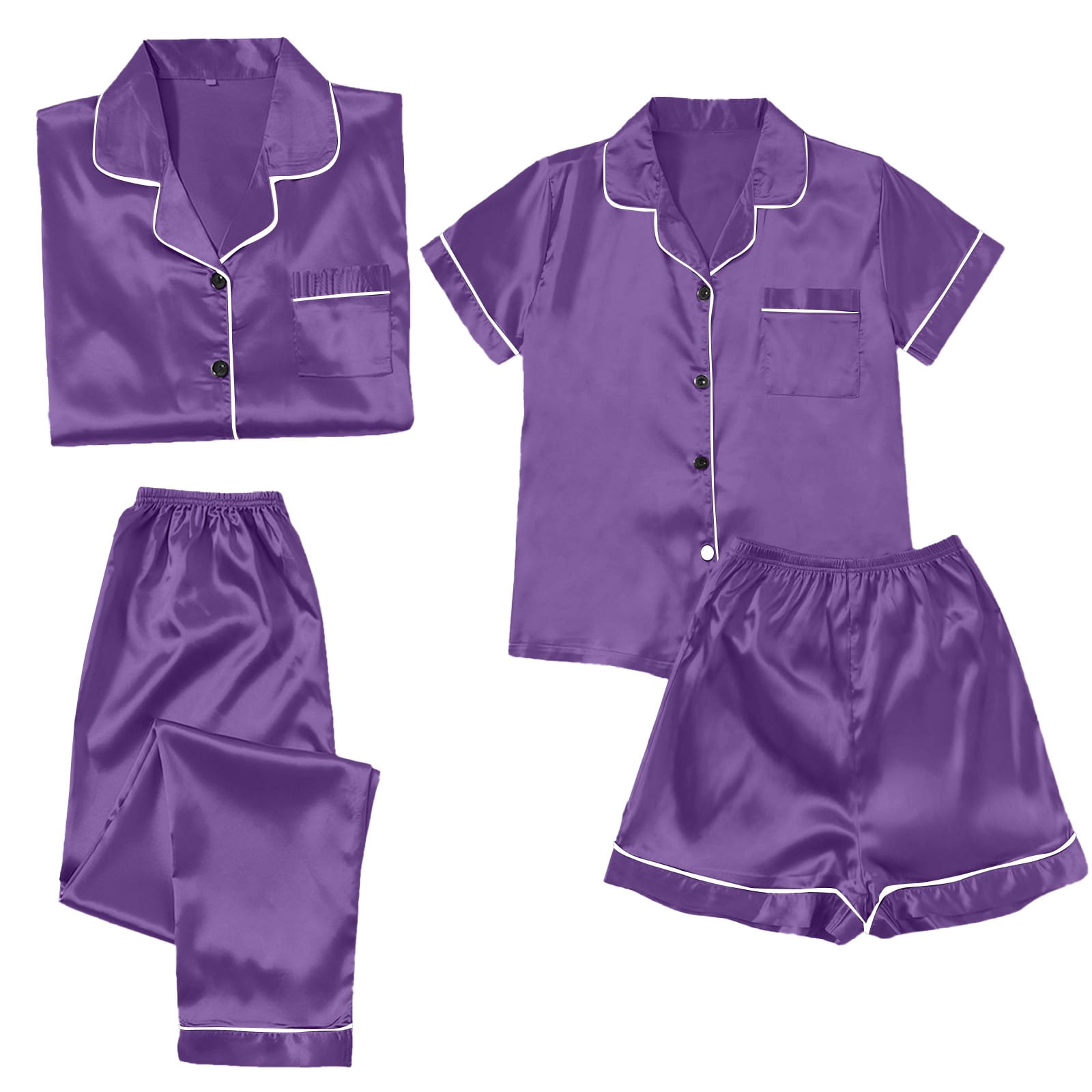 ZJXFGS Womens Summer Pajamas Sets, Silk Pajamas, Satin Pyjamas Women's Short 4 Piece Pyjamas Short Sleeve Sleepwear and Shorts Set Women Loungewear, Womens Pajama Set Purple XL