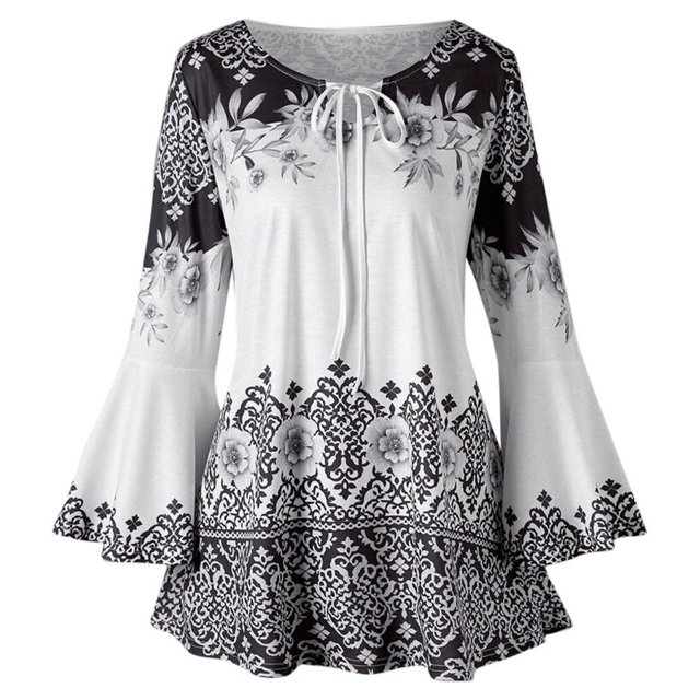 Leutsin Womens Plus Size Printed Flare Sleeve Plus Size Plus Size Tops Blouses Keyhole T-Shirts