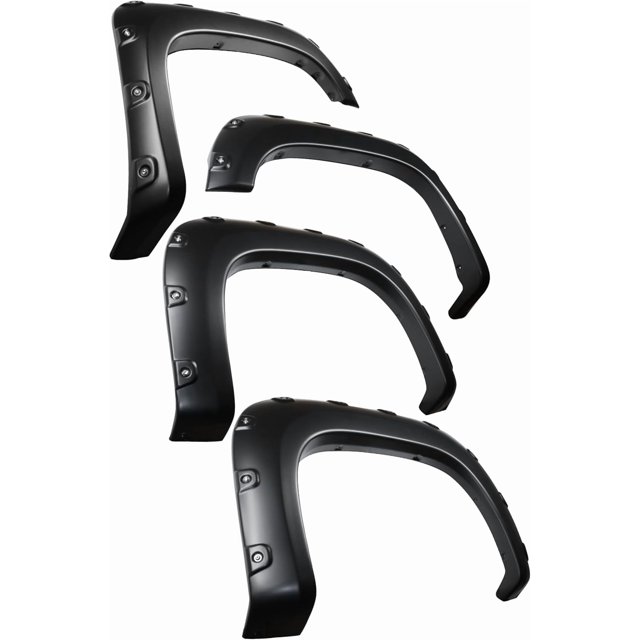 LAX 4 PCS 2007-2013 GMC Sierra 1500 5'8'' Bed Pocket Bolt-Riveted Rugged Style Fender Flares in smooth matte black finish. Includes front and rear wheel protectors with a bold, off-road riveted design. Made from high-impact polypropylene for durability and easy tool-based installation without drilling. Custom fit for GMC Sierra 1500 models with a 5'8'' bed.