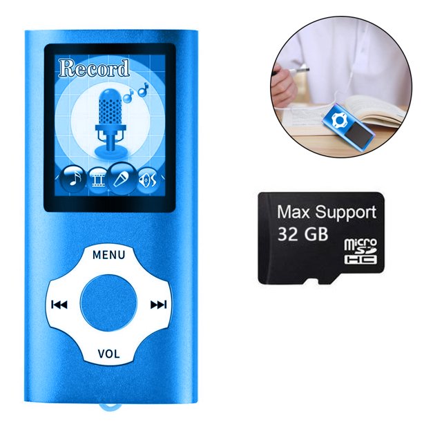 Mp3 Player, Music Player with a 32 GB Memory Card featuring a portable design in blue aluminum alloy and glass. Includes a 1.8-inch TFT high-definition screen, circular control buttons, and supports MP3 audio format. Offers functions like video playback, voice recording, FM radio, e-book reading, and photo viewing. Comes with a 32 GB microSD card for storage. Battery capacity is 200 mA, providing 7-8 hours of playtime.