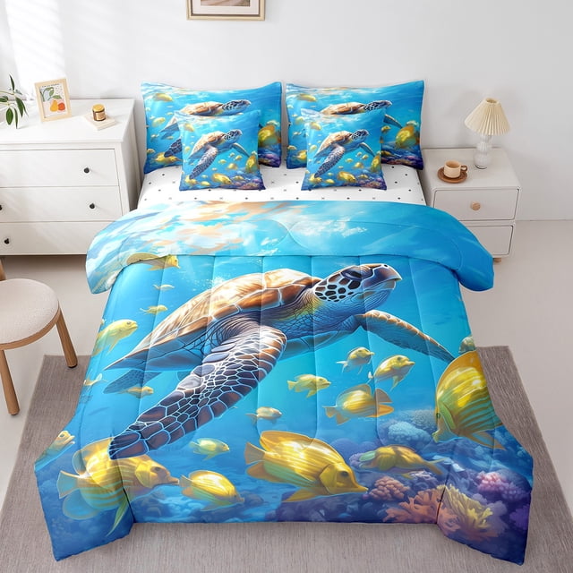 YST 7 Pieces Comforter Set, Full Size, Ocean Marine Theme, Sea Turtle, Polyester, Bed In A Bag
