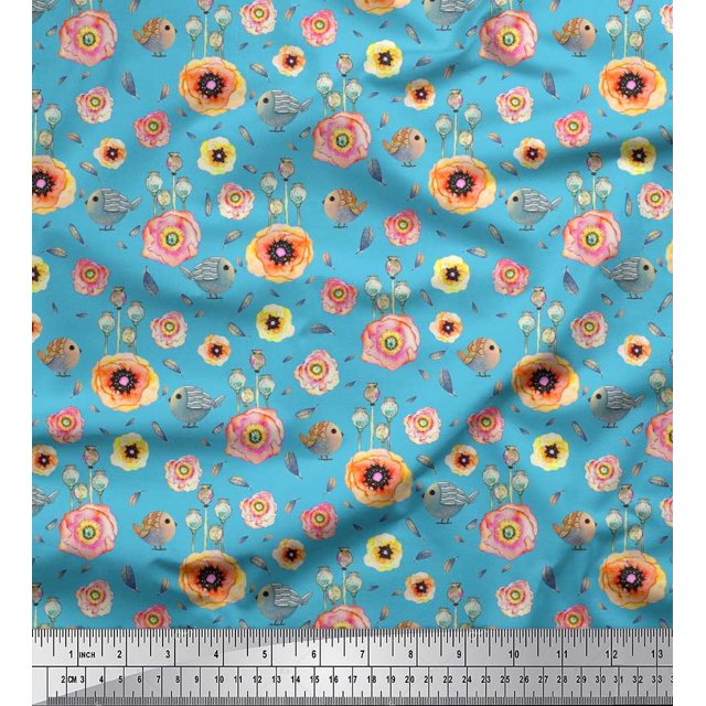 Soimoi Polyester Crepe Fabric Leaves,Bird & Anemone Floral Print Fabric by The Yard 52 Inch Wide