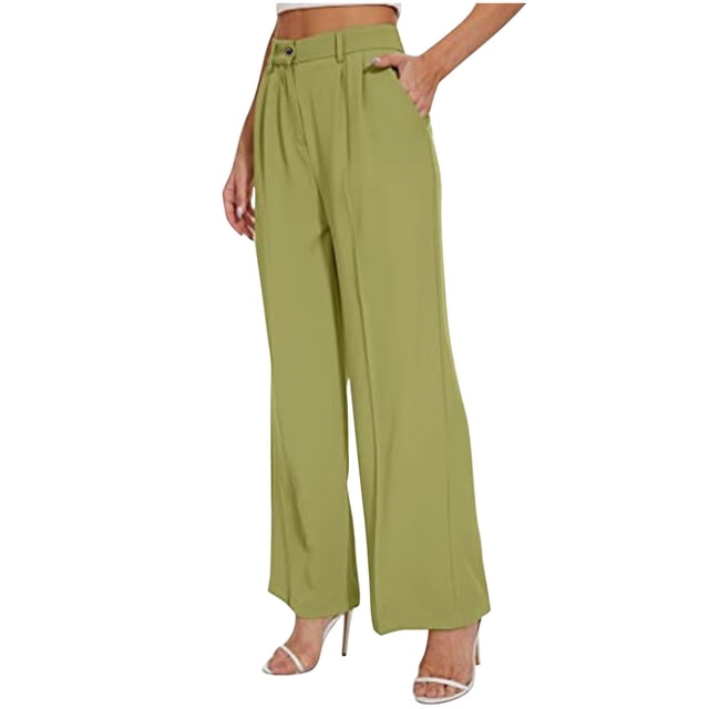 Timegard Womens Formal Pants Elastic High Waist Straight Leg Solid Color Office Work Lounge Pants Pockets
