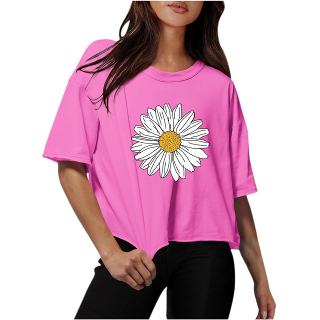 Women Drop Shoulder Round Neck Oversized Crop Tops Workout Tops Tees