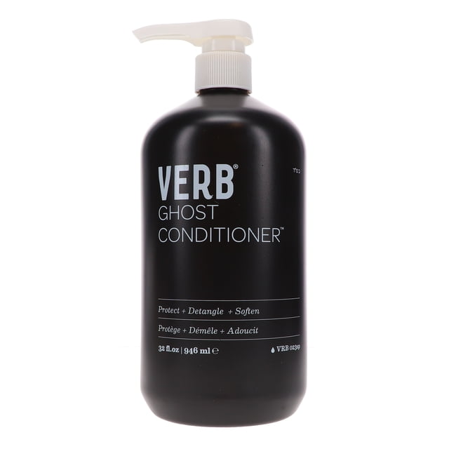 Verb Ghost Conditioner 32 oz bottle with a pump dispenser, featuring a sleek black design and white text detailing its benefits, including detangling, smoothing frizz, and adding shine to fine hair. Lightweight yet hydrating, this travel size hair product is enriched with moringa oil for sun and environmental protection.
