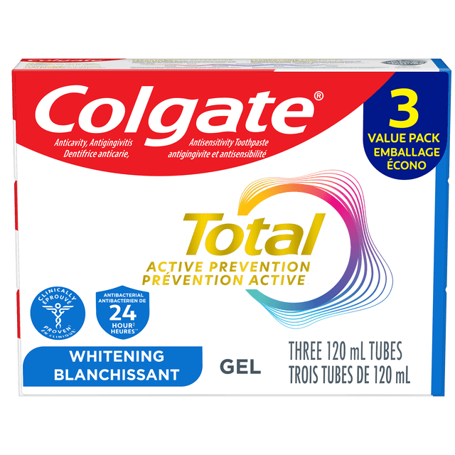Colgate Total Active Prevention Whitening Toothpaste, Mint, 3 Pack, 120 mL with three tubes in a white box featuring red and blue accents, clinically proven antibacterial gel offering 24-hour protection against cavities, gingivitis, sensitivity, plaque, and tartar, whitening fluoride toothpaste supporting overall oral health.