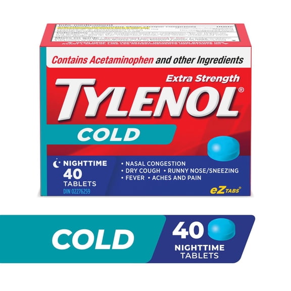 Tylenol Extra Strength Cold eZ Tabs, Relieves Cold symptoms, Nighttime, 40ct