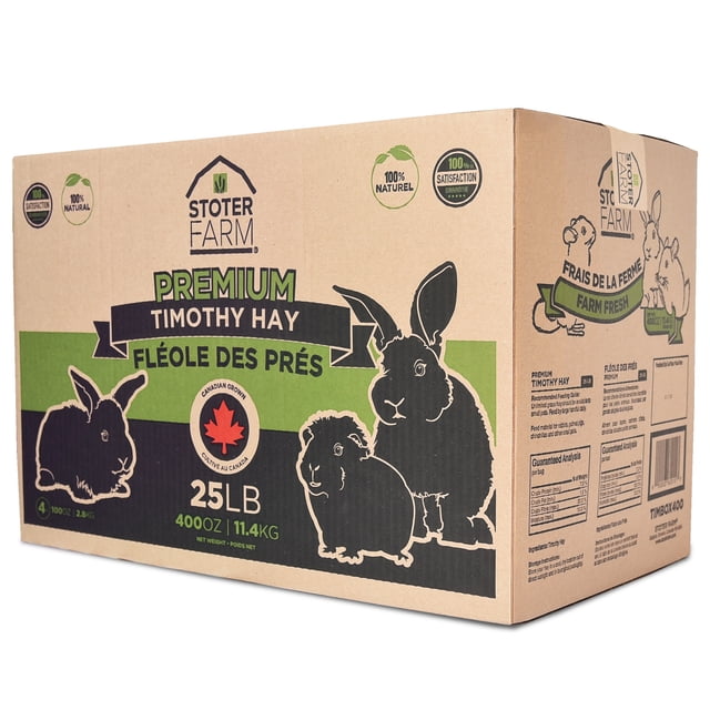 Stoter Farm Timothy Hay 25 lb. box featuring 100% Canadian-grown hay for rabbits, guinea pigs, chinchillas, and other small pets. The packaging highlights its natural, pesticide-free quality, with illustrations of small animals and a Canadian maple leaf emblem. The box is labeled with weight details of 400oz (11.2kg) and promotes freshness and nutrition for small pets.