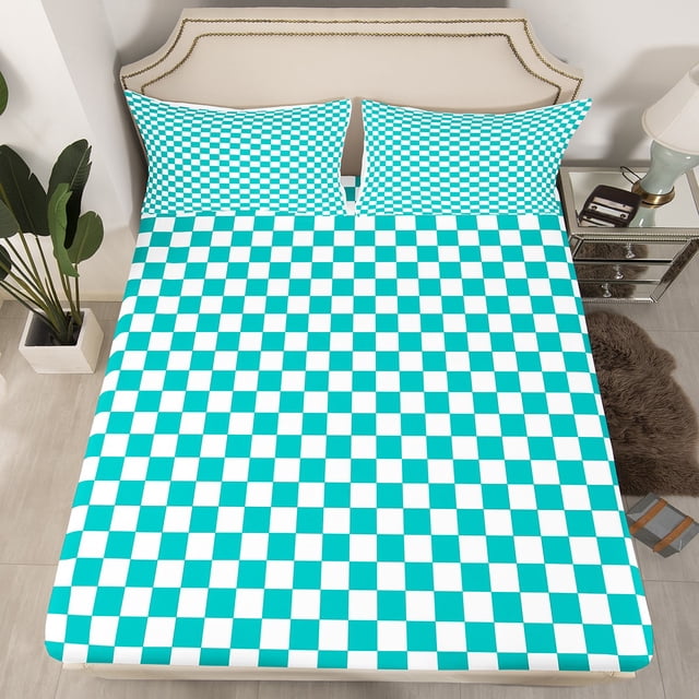 Erosebridal Checkered Gingham Fitted Sheet Full, Rectangle Geometry Bedding Set Full Size, Teens, 3pcs(No Top Sheet)