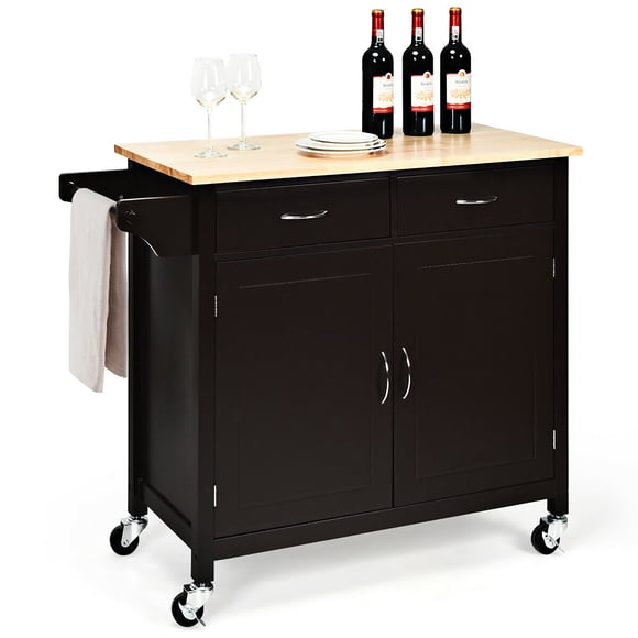 Costway Modern Rolling Kitchen Cart Island Wood Top Storage Trolley Cabinet Utility
