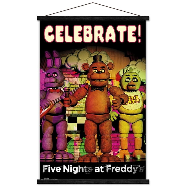 Five Nights at Freddy's - Affiche Murale « Celebrate » avec Cadre Magnétique, 22,375 Po x 34 Po Mettant en Vedette Trois Personnages Animatroniques sur une Scène avec un Arrière-Plan Mural en Briques Colorées, le Mot « Celebrate! » en Grandes Lettres Crème Énoncées en Rouge en Haut, et le Titre du Jeu en Texte Blanc Vieilli en Bas, Imprimé sur du Papier Affiche Brillant avec un Cadre en Bois Magnétique Noir, Idéal pour la Décoration Murale de Chambre Ou de Bureau.