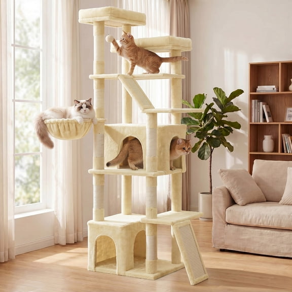LEDREM Cat Tree Multi-Level Tower with Sisal Scratching Posts for Large Cats 21.6 x 17.7 x 72.6 Inches Beige
