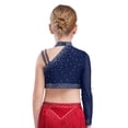 thumbnail image 2 of Manyakai Kids Girls Shiny Rhinestone Jazz Latin Modern Lyrical Dance Crop Tops Irregular Shoulder Navy Blue 12, 2 of 7