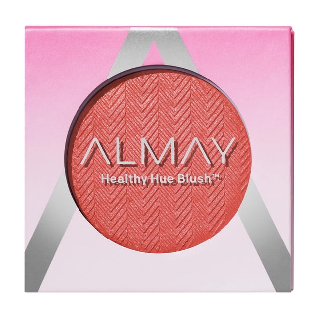 Almay Healthy Hue Powder Blush in a round compact with a textured chevron pattern on the blush surface, set in pink and silver packaging with the brand name and product title visible, designed for lightweight, high pigment cheek makeup with true colour payoff and buildable coverage.