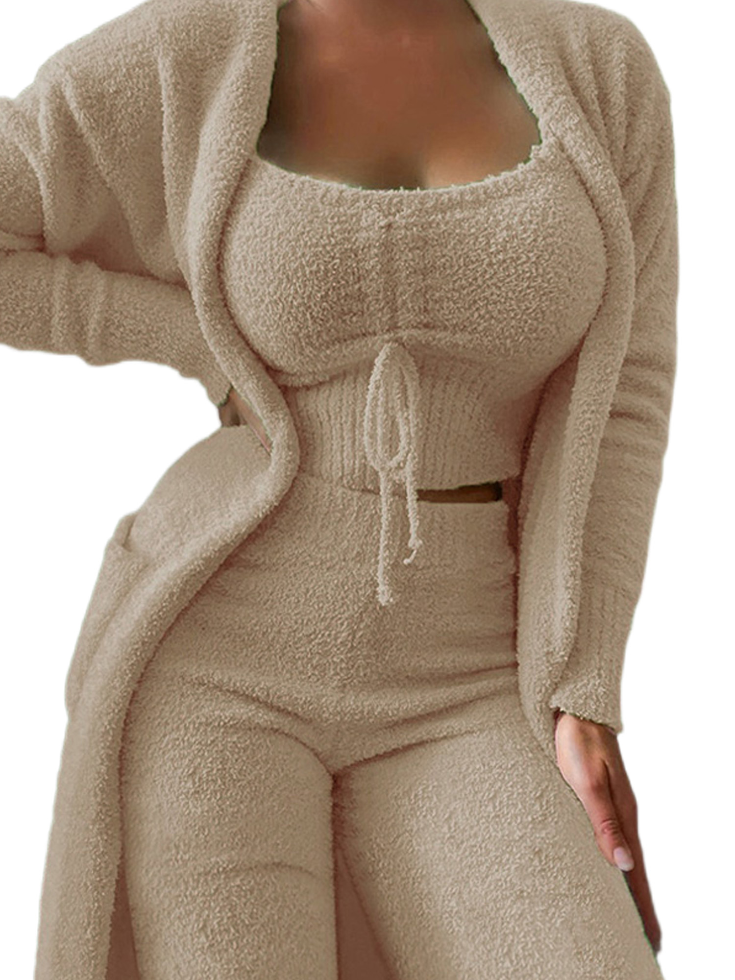 LUXUR Women Open Front Fuzzy 3 Piece Sweatsuit Warm Sleep Lounge Sets Camel S