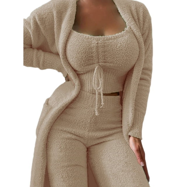 Innerwin Ensemble Cardigan Ouvert pour Femmes, Survêtement 3 Pcs, Couleur Unie, Ensemble de Détente Régulier Camel S