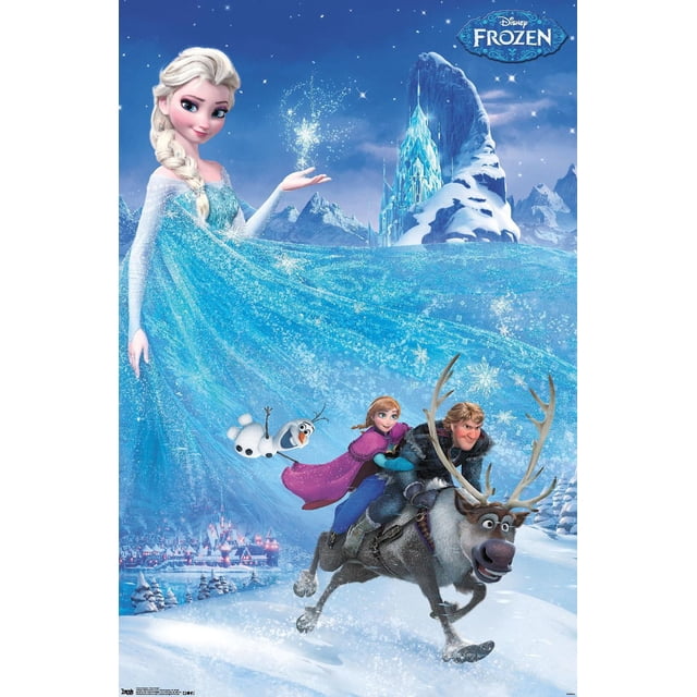 La Reine des Neiges de Disney - Affiche Murale Aventure en une Feuille, 22,375 Po x 34 Po Montrant Elsa dans une Robe Bleu Étincelant Créant des Flocons de Neige avec Sa Main, avec Anna et Kristoff Chevauchant Sven le Renne à Travers un Paysage Enneigé, Olaf le Bonhomme de Neige Flottant à Proximité, et un Château Glacé dans un Fond Montagneux sous un Ciel Nocturne Étoilé.