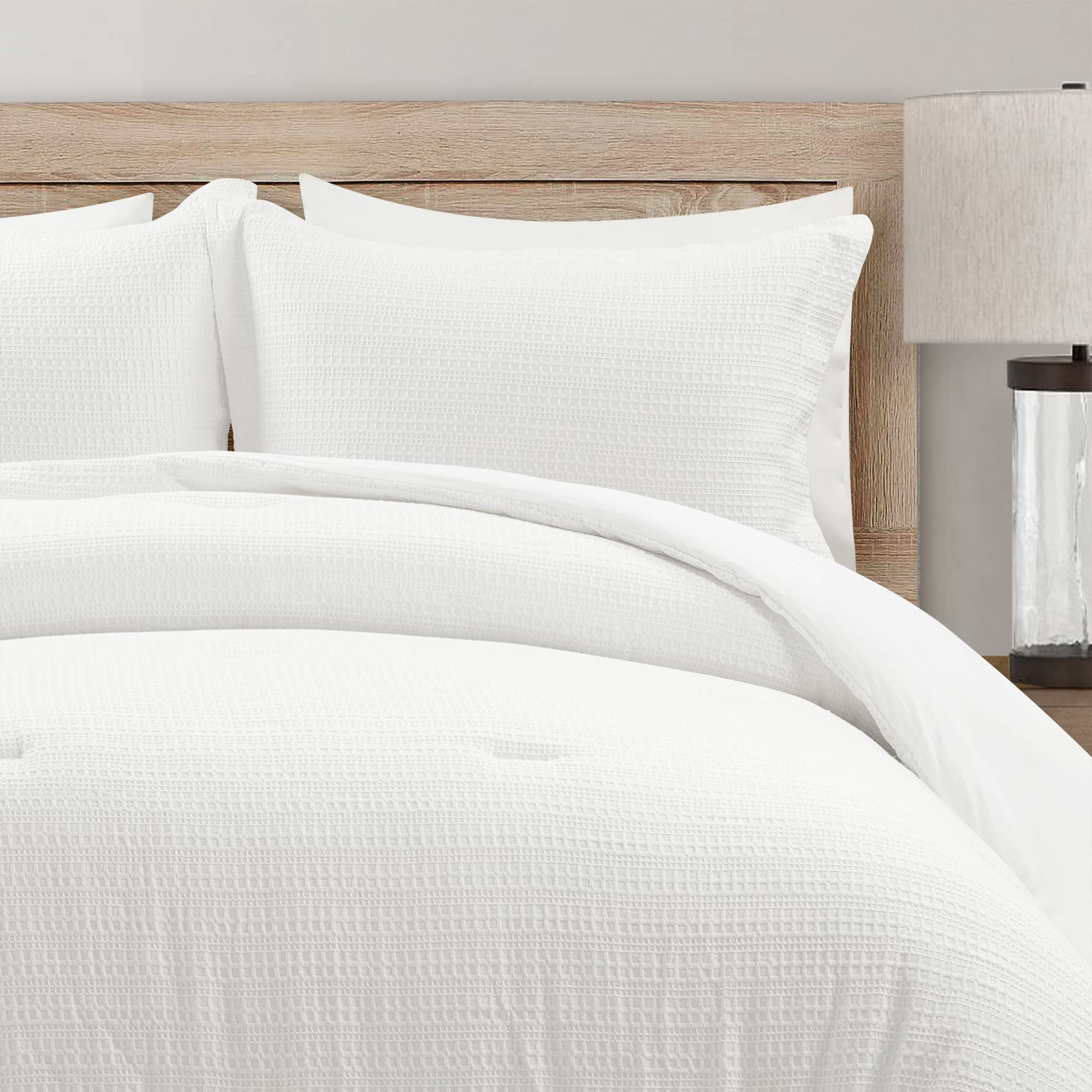 Lush Decor Haniya Solid Woven Cotton Textured Waffle Comforter Set, Full/Queen, White - Soft, Cozy, Breathable 3 Piece Bedding Set