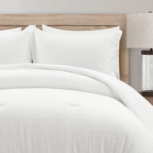 Lush Decor Haniya Solid Woven Cotton Textured Waffle Comforter Set, Full/Queen, White - Soft, Cozy, Breathable 3 Piece Bedding Set