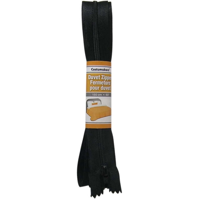 Costumakers Duvet Closed-End Zipper 150 cm (60) in black with lightweight #3 nylon coil, folded with label showing bed graphic, ideal for duvet covers, cushions, and sewing fasteners in home décor projects.