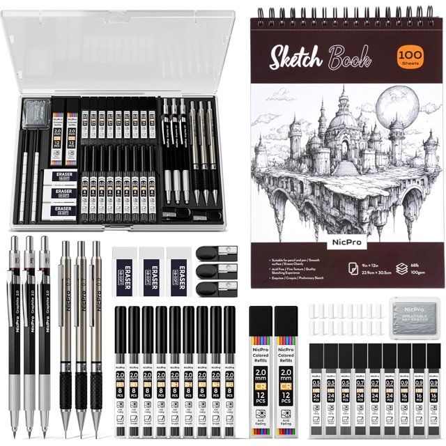 Art Drawing Supplies Kit, Art Mechanical Pencil Set with 6 Metal Drafting Pencil 0.5 & 0.7 & 0.9 & 2mm, 100 Sheets 9 x 12'' Sketch Book, 20 Tube Lead Refills for Sketching
