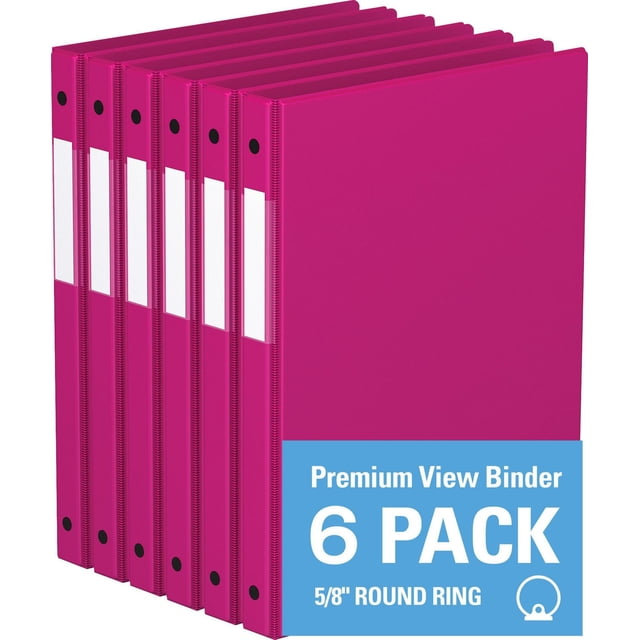 Davis Group, Premium Economy, Round Ring, Binder, 6 Pack, 5/8" showing six magenta binders with 5/8 inch round rings, each with a full-width label holder on the spine and clear interior pockets on front and back covers to secure loose documents, suitable for conferences, reference, and academic use in Canada.