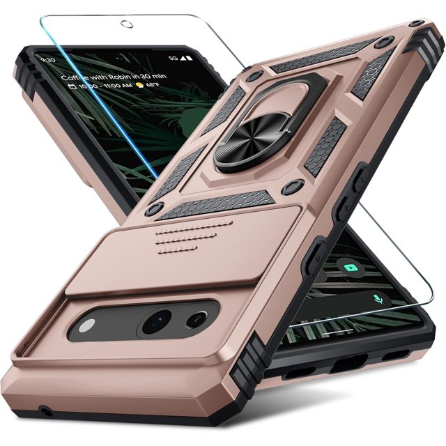 KOMI Compatible with Google Pixel 7a Case Built in Slide Camera Lens Cover+Screen Protector+Finger Ring Holder Kickstand,Heavy Duty Shockproof Full Body Protective Phone Cover,2023 Rose Gold